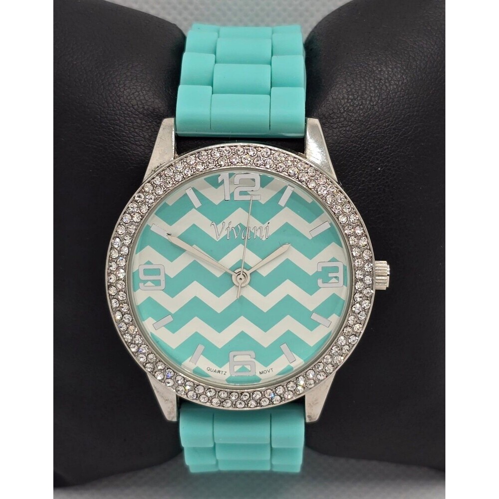 Women's Vivani Silver Tone  Rhinestones Chevron Green Silicone Strap Watch 04